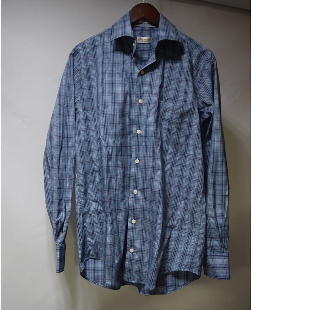 Peter Millar Crown Crafted Blue Plaid Stretch Long Sleeve Shirt Men’s Medium